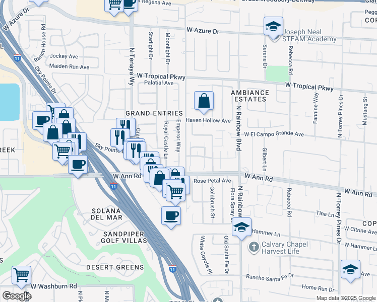 map of restaurants, bars, coffee shops, grocery stores, and more near 5671 Foxglove Fields Street in Las Vegas