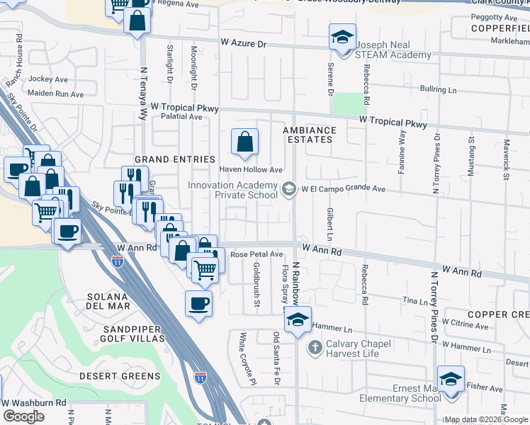 map of restaurants, bars, coffee shops, grocery stores, and more near 5677 African Lilly Court in Las Vegas