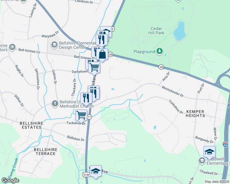 map of restaurants, bars, coffee shops, grocery stores, and more near 421 Kemper Drive North in Nashville