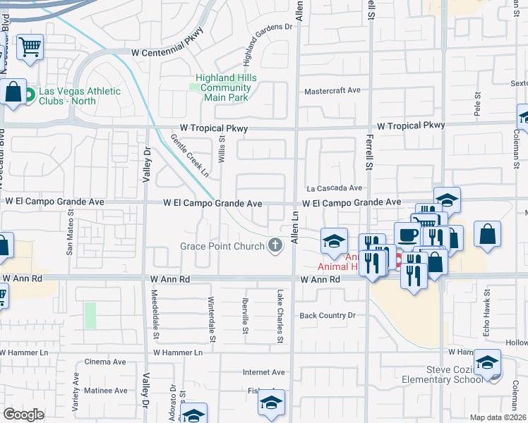 map of restaurants, bars, coffee shops, grocery stores, and more near 3814 West El Campo Grande Avenue in North Las Vegas