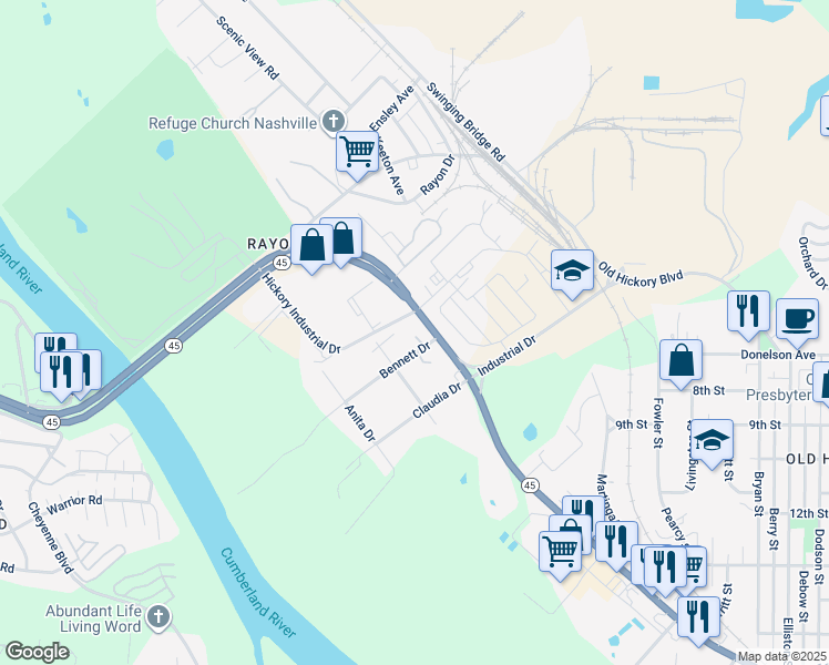 map of restaurants, bars, coffee shops, grocery stores, and more near 860 Hickory Industrial Drive in Nashville