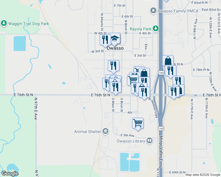 map of restaurants, bars, coffee shops, grocery stores, and more near 113 West 1st Avenue in Owasso
