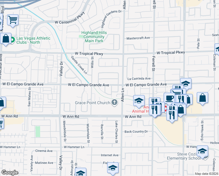 map of restaurants, bars, coffee shops, grocery stores, and more near 3814 West El Campo Grande Avenue in North Las Vegas
