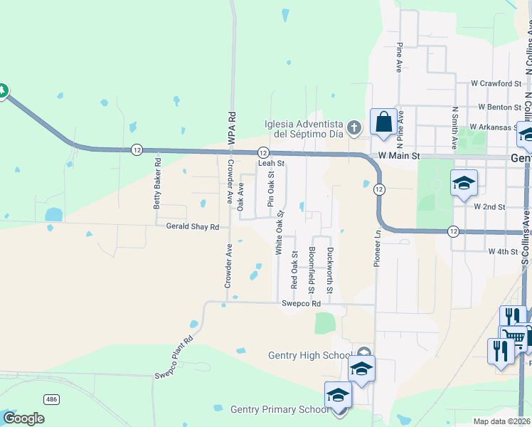 map of restaurants, bars, coffee shops, grocery stores, and more near 1299 West Main Street in Gentry