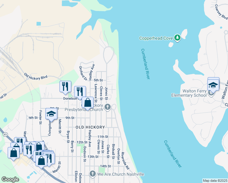 map of restaurants, bars, coffee shops, grocery stores, and more near 511 Jones Street in Nashville