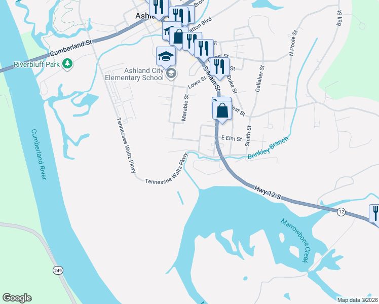 map of restaurants, bars, coffee shops, grocery stores, and more near 108 Bluff View Street in Ashland City