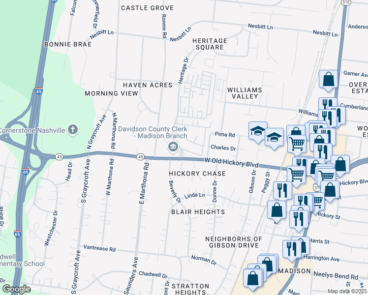 map of restaurants, bars, coffee shops, grocery stores, and more near 510 Heritage Drive in Nashville