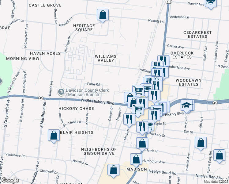map of restaurants, bars, coffee shops, grocery stores, and more near 310 West Old Hickory Boulevard in Nashville