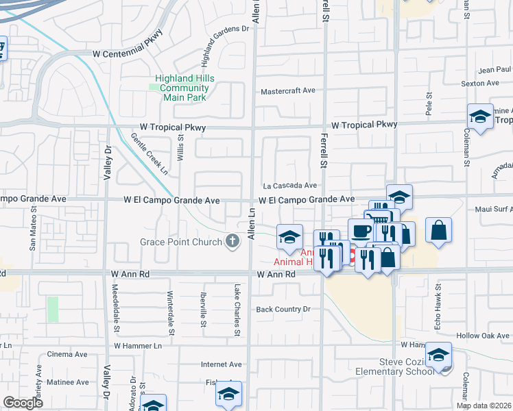 map of restaurants, bars, coffee shops, grocery stores, and more near 3621 West El Campo Grande Avenue in North Las Vegas