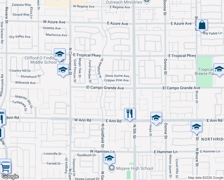 map of restaurants, bars, coffee shops, grocery stores, and more near 114 Manzanita Falls Avenue in North Las Vegas