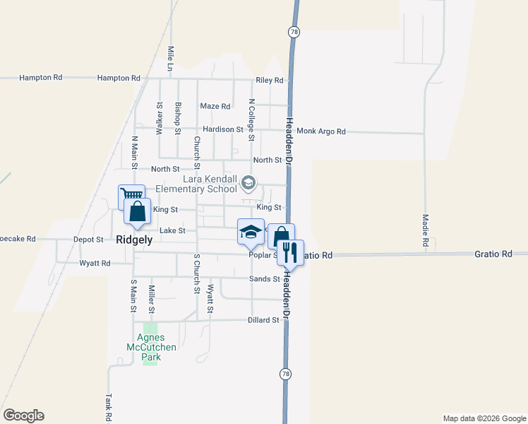 map of restaurants, bars, coffee shops, grocery stores, and more near 617 King Street in Ridgely