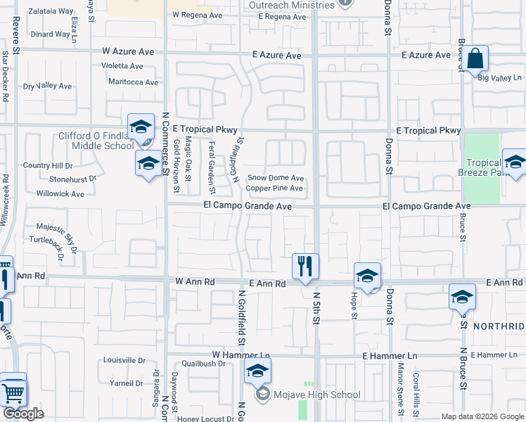 map of restaurants, bars, coffee shops, grocery stores, and more near 114 Manzanita Falls Avenue in North Las Vegas