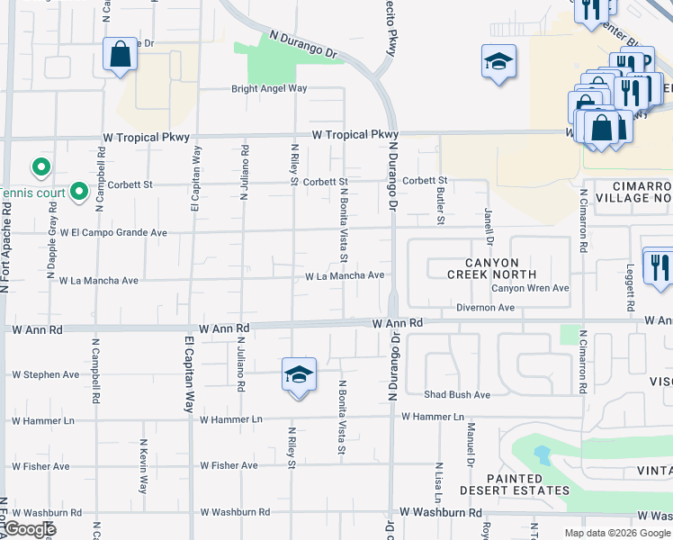 map of restaurants, bars, coffee shops, grocery stores, and more near 5715 North Bonita Vista Street in Las Vegas