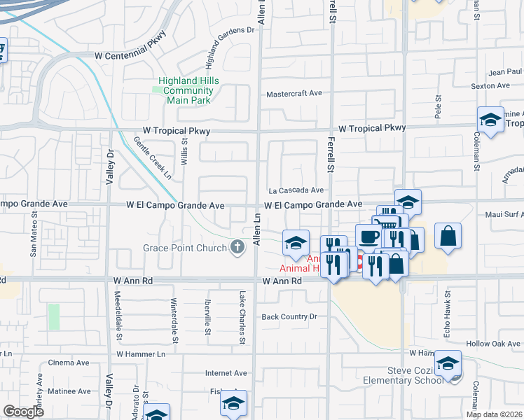 map of restaurants, bars, coffee shops, grocery stores, and more near 3621 West El Campo Grande Avenue in North Las Vegas
