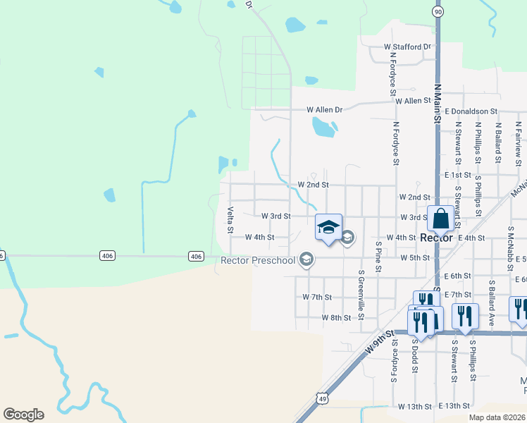 map of restaurants, bars, coffee shops, grocery stores, and more near 915 West Taylor Street in Rector