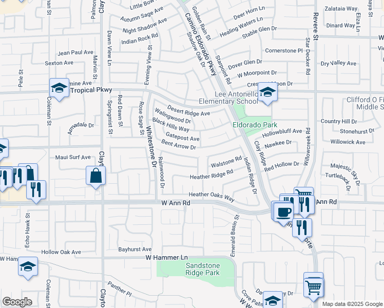 map of restaurants, bars, coffee shops, grocery stores, and more near 1622 Running Creek Drive in North Las Vegas