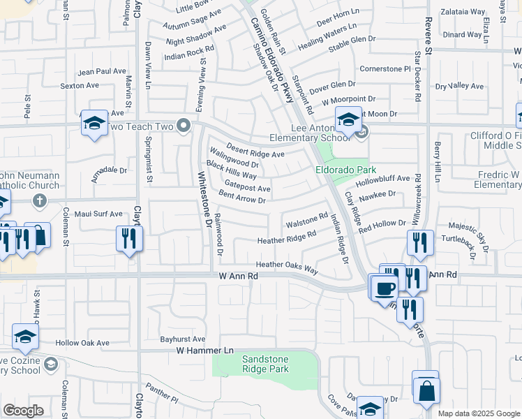map of restaurants, bars, coffee shops, grocery stores, and more near 1622 Running Creek Drive in North Las Vegas
