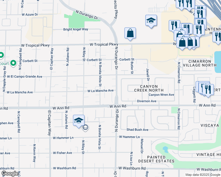 map of restaurants, bars, coffee shops, grocery stores, and more near 5725 North Durango Drive in Las Vegas