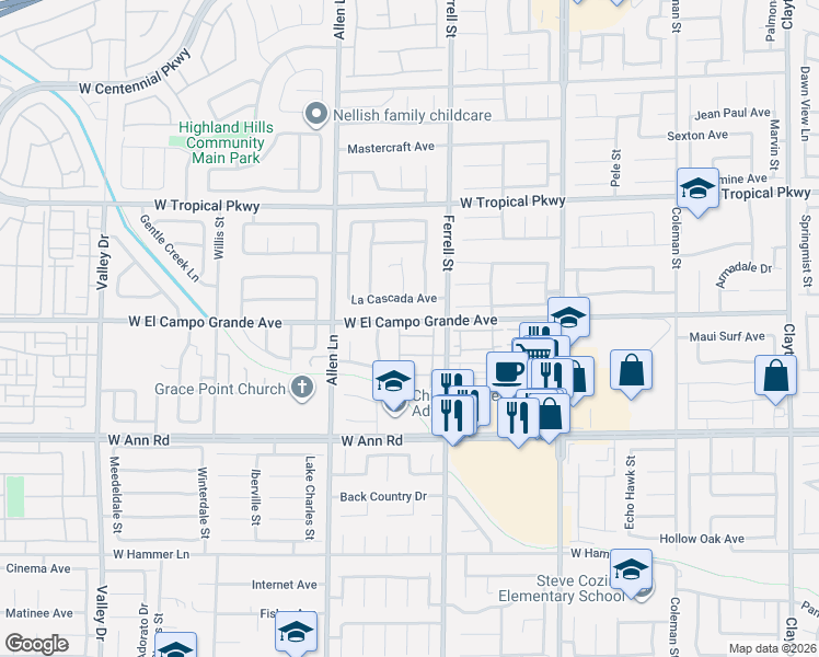 map of restaurants, bars, coffee shops, grocery stores, and more near 3420 West El Campo Grande Avenue in North Las Vegas