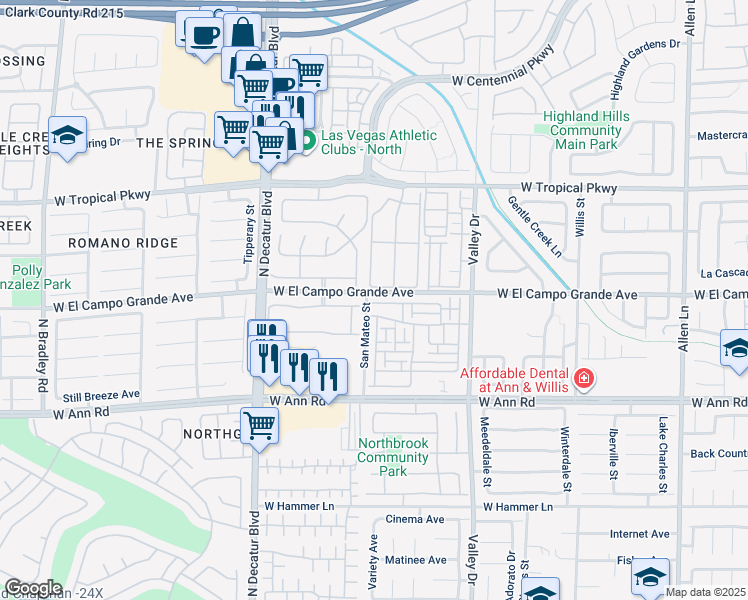 map of restaurants, bars, coffee shops, grocery stores, and more near 5825 Palmilla Street in North Las Vegas