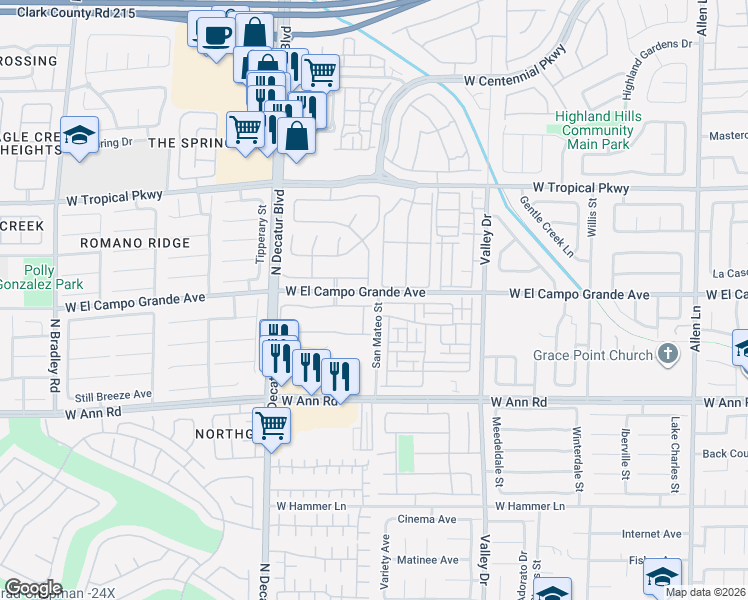 map of restaurants, bars, coffee shops, grocery stores, and more near 4509 Mohawk River Avenue in North Las Vegas
