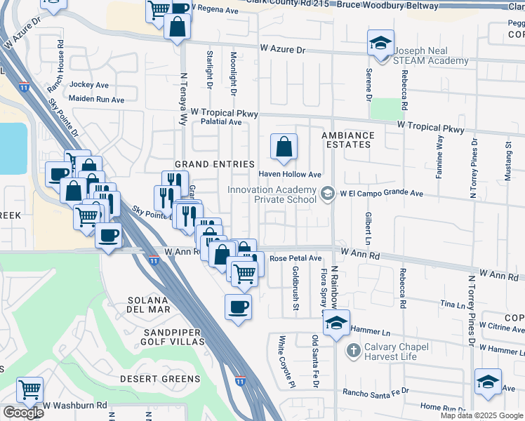 map of restaurants, bars, coffee shops, grocery stores, and more near 5683 Foxglove Fields Street in Las Vegas