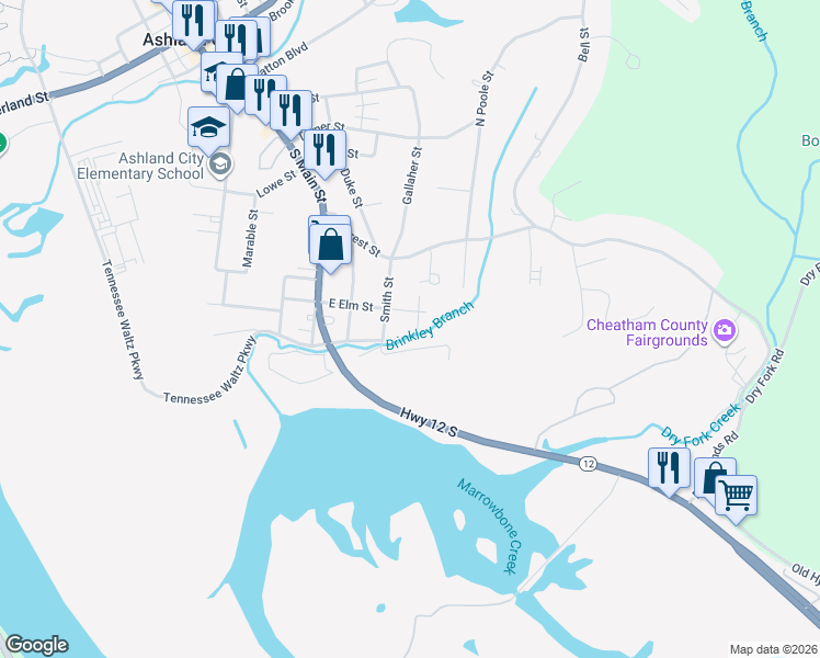 map of restaurants, bars, coffee shops, grocery stores, and more near 108 Clifton Street in Ashland City