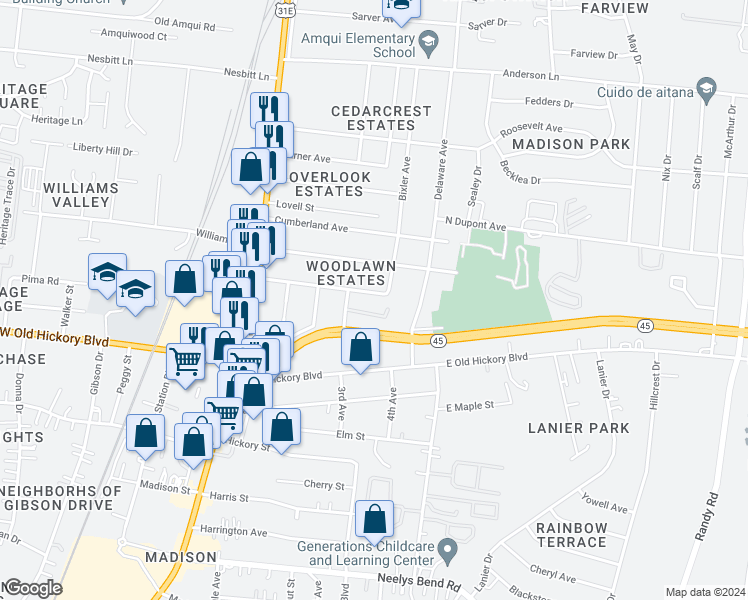 map of restaurants, bars, coffee shops, grocery stores, and more near 332 Duling Avenue in Nashville
