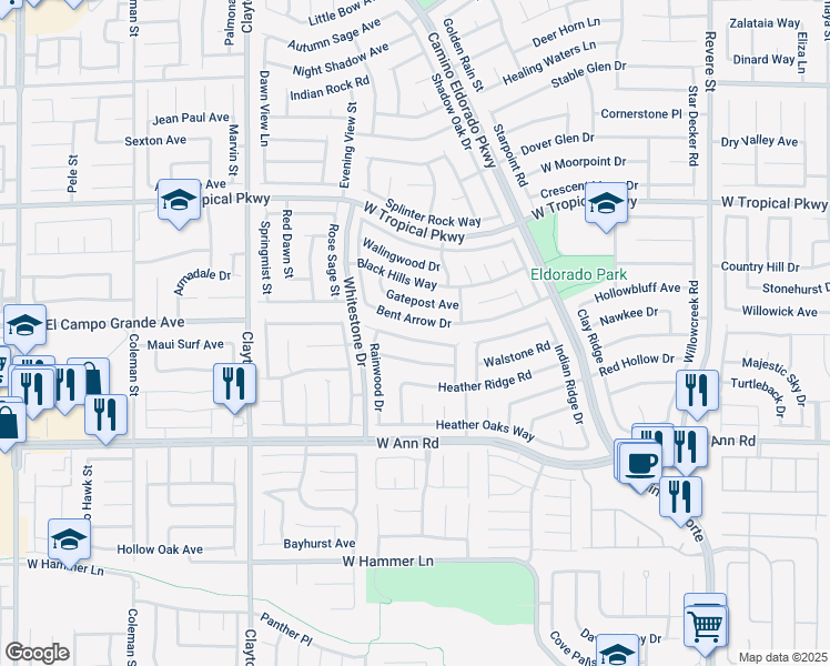 map of restaurants, bars, coffee shops, grocery stores, and more near 1626 Bent Arrow Drive in North Las Vegas