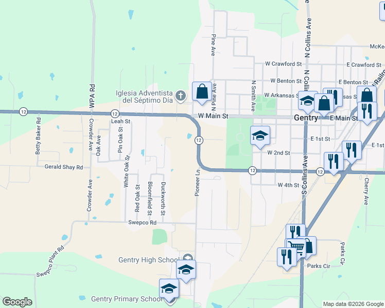 map of restaurants, bars, coffee shops, grocery stores, and more near 287 Pioneer Lane in Gentry