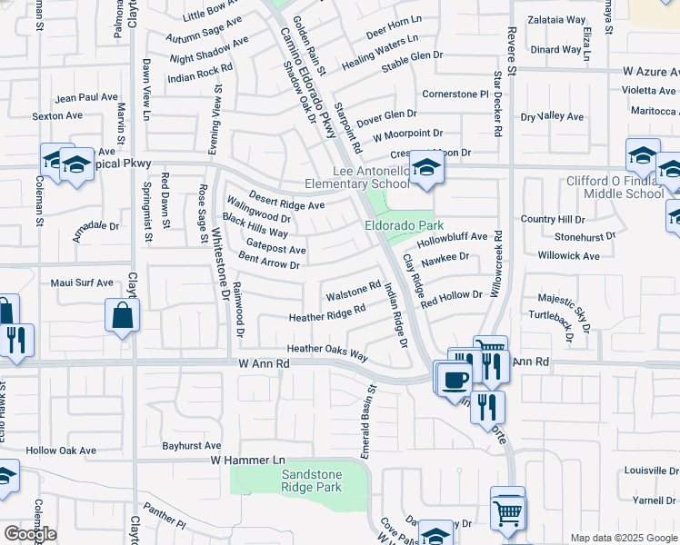 map of restaurants, bars, coffee shops, grocery stores, and more near 1424 Grey Hunter Drive in North Las Vegas