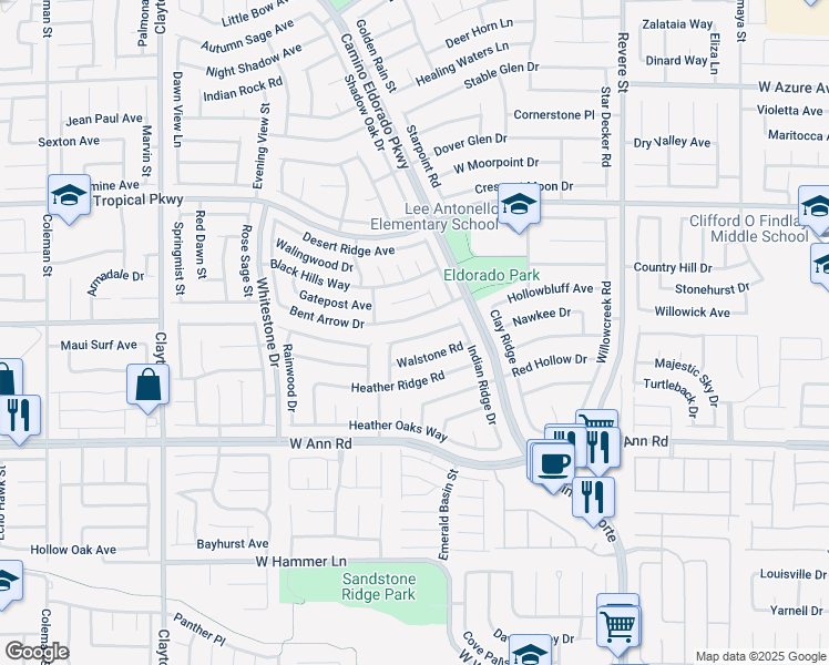 map of restaurants, bars, coffee shops, grocery stores, and more near 1424 Grey Hunter Drive in North Las Vegas