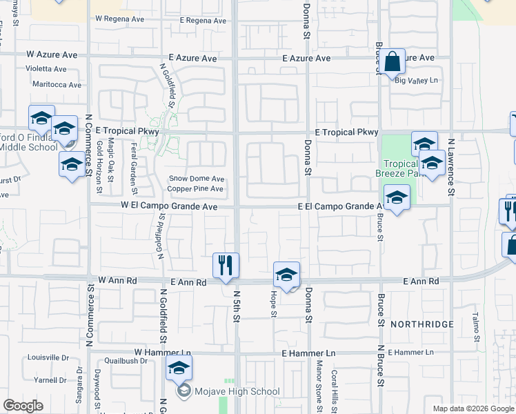 map of restaurants, bars, coffee shops, grocery stores, and more near 598 East El Campo Grande Avenue in North Las Vegas