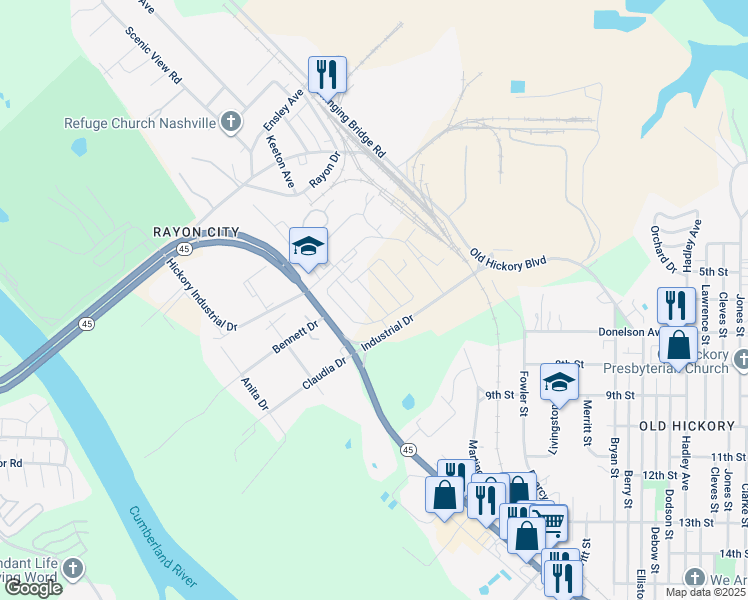 map of restaurants, bars, coffee shops, grocery stores, and more near 915 Robinson Road in Nashville