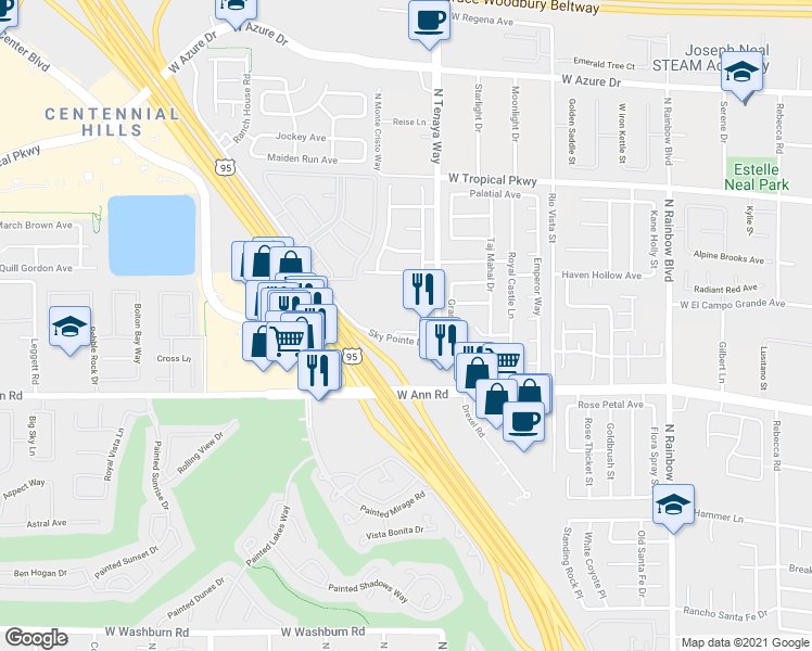 map of restaurants, bars, coffee shops, grocery stores, and more near 5700 Sky Pointe Drive in Las Vegas