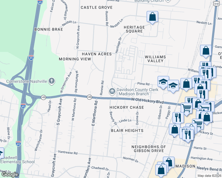map of restaurants, bars, coffee shops, grocery stores, and more near 515 Heritage Drive in Nashville