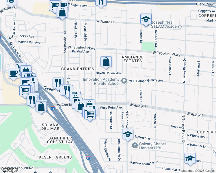 map of restaurants, bars, coffee shops, grocery stores, and more near 5692 Bishop Flowers Street in Las Vegas