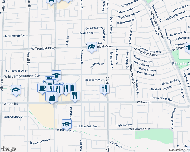 map of restaurants, bars, coffee shops, grocery stores, and more near 2123 West El Campo Grande Avenue in North Las Vegas