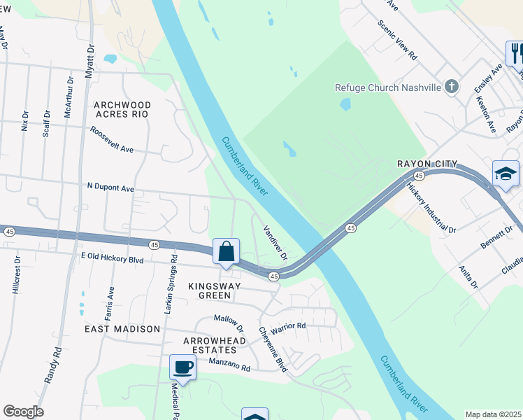 map of restaurants, bars, coffee shops, grocery stores, and more near 134 Vandiver Drive in Nashville