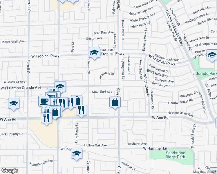 map of restaurants, bars, coffee shops, grocery stores, and more near 2124 West El Campo Grande Avenue in North Las Vegas