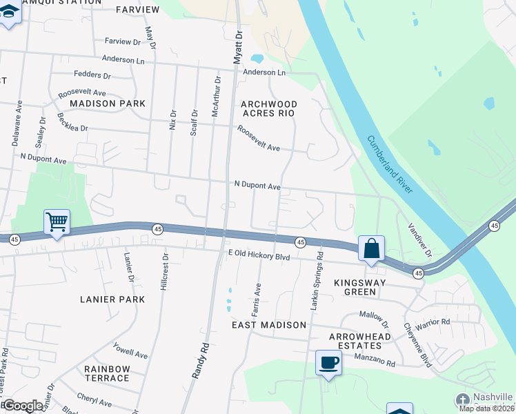 map of restaurants, bars, coffee shops, grocery stores, and more near 116 Larchmont Drive in Nashville