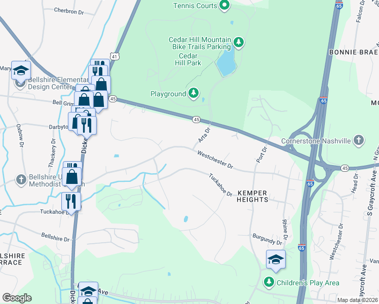 map of restaurants, bars, coffee shops, grocery stores, and more near 903 Westchester Drive in Nashville
