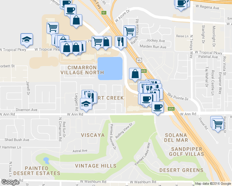 map of restaurants, bars, coffee shops, grocery stores, and more near 7629 Desert Cactus Circle in Las Vegas