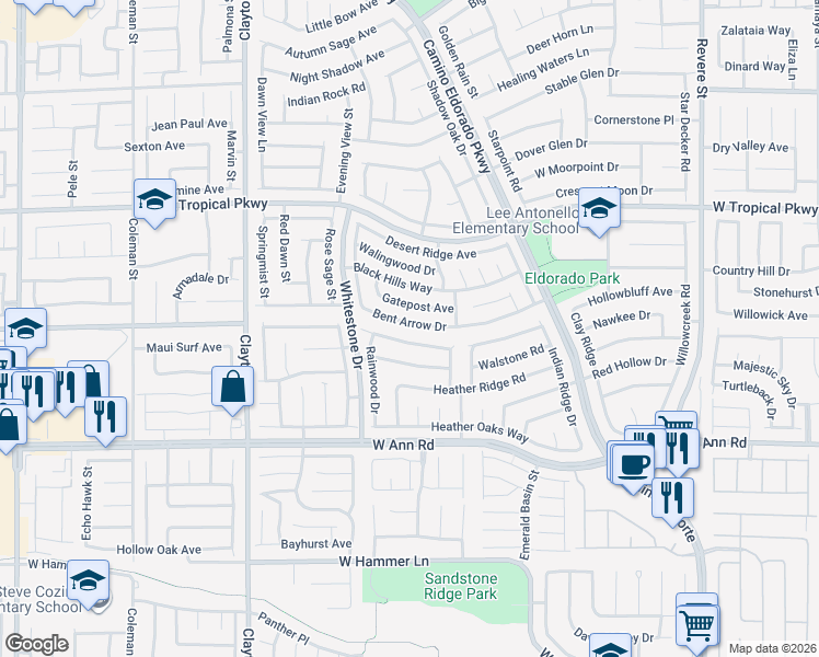 map of restaurants, bars, coffee shops, grocery stores, and more near 1626 Bent Arrow Drive in North Las Vegas