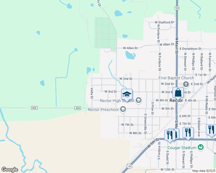 map of restaurants, bars, coffee shops, grocery stores, and more near 915 West Taylor Street in Rector