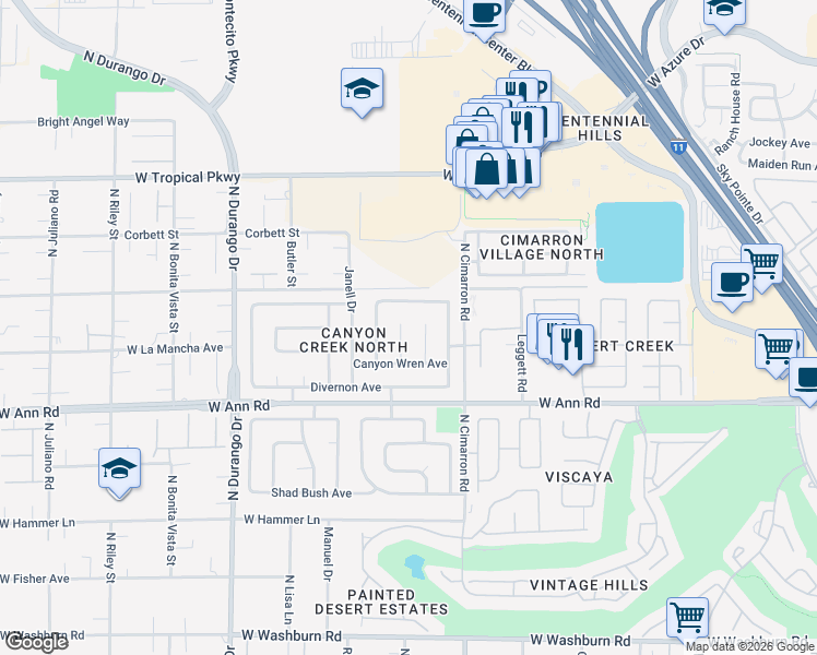 map of restaurants, bars, coffee shops, grocery stores, and more near 5720 Owl Butte Court in Las Vegas