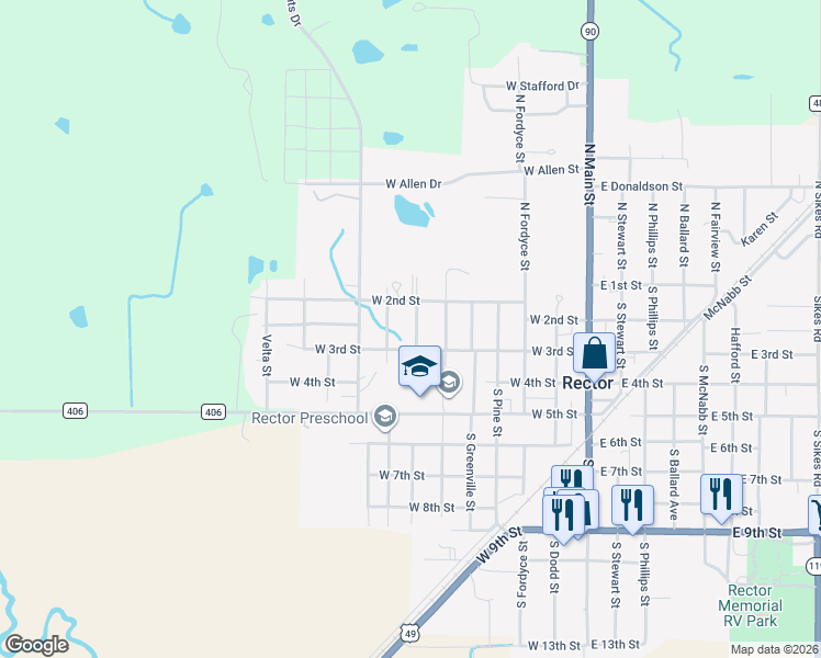 map of restaurants, bars, coffee shops, grocery stores, and more near 216 Valley Street in Rector