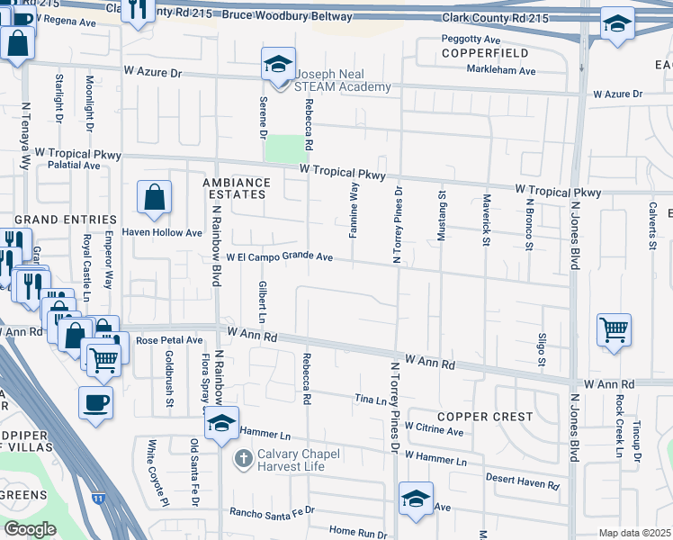 map of restaurants, bars, coffee shops, grocery stores, and more near 6521 West El Campo Grande Avenue in Las Vegas