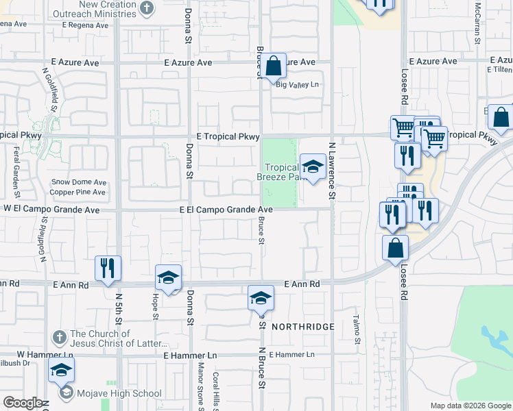 map of restaurants, bars, coffee shops, grocery stores, and more near 1216 East El Campo Grande Avenue in North Las Vegas