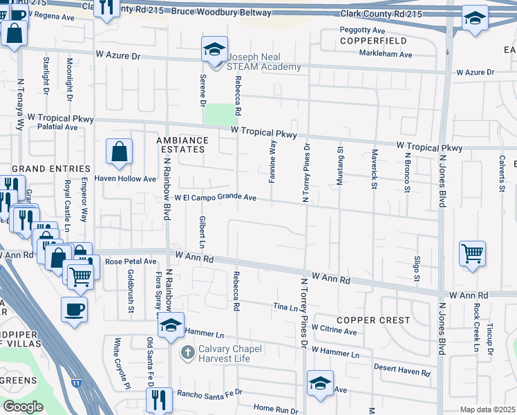 map of restaurants, bars, coffee shops, grocery stores, and more near 6521 West El Campo Grande Avenue in Las Vegas